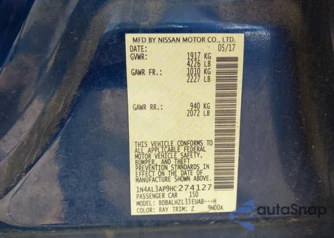 2017 Nissan Altima 2.5 Sr from USA, damaged, VIN 1N4AL3AP9HC274127